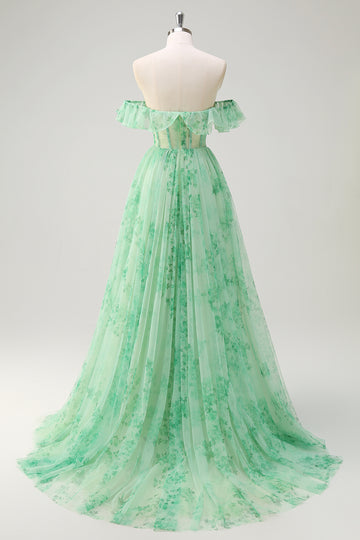 Green A Line Off The Shoulder Corset Ruffled Print Long Prom Dress with Slit